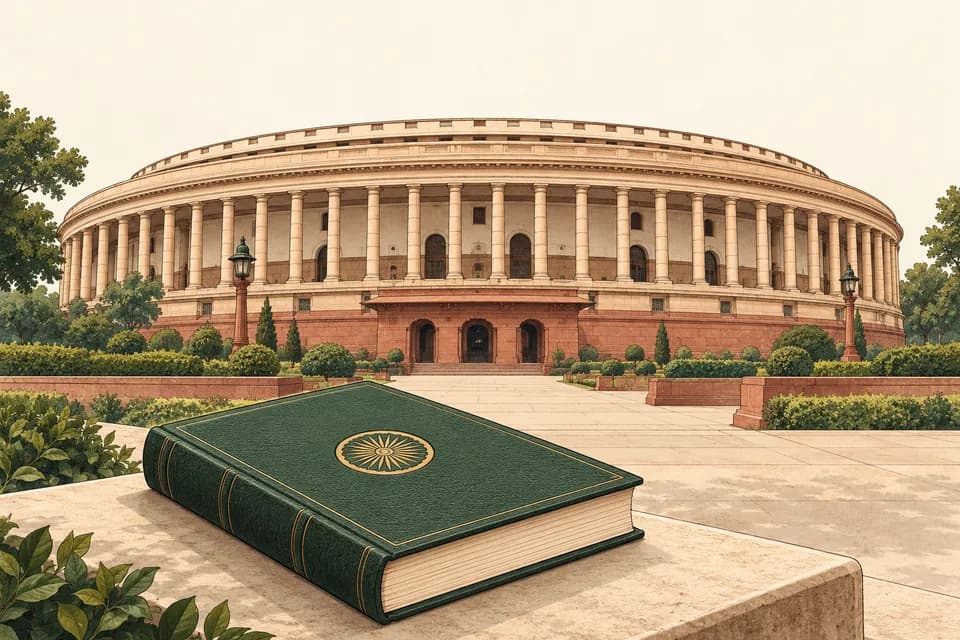 Editorial illustration of the historic circular Indian Parliament building and a green Constitution book with an Ashoka Chakra motif.